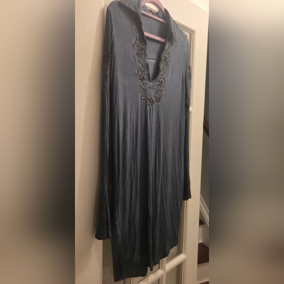 POL Long Sleeve Dress in A Bluish Gray with Embroidered Details & Flutter Wrists - Picture 1 of 7
